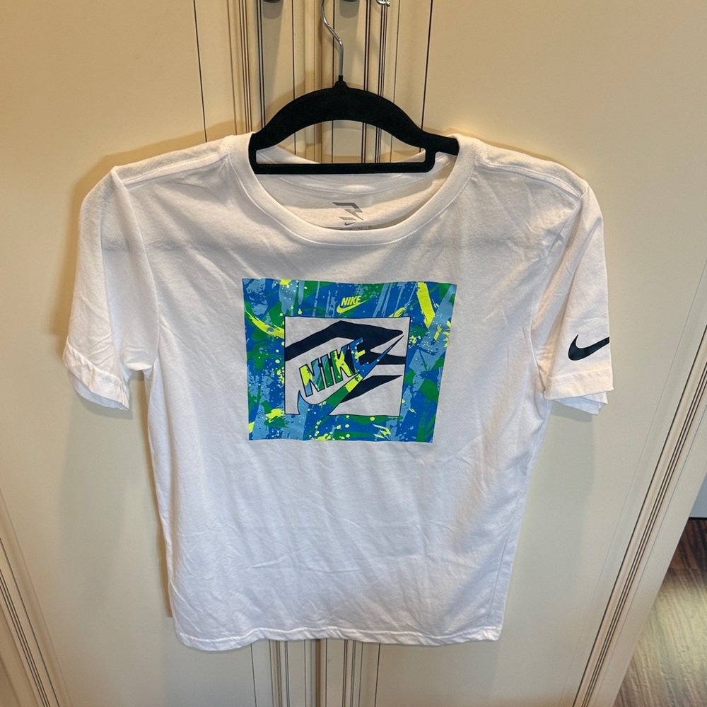Nike White Air Tee with Blue and Green Graphics– White, Size youth XL